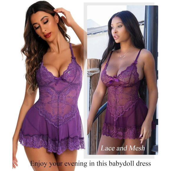 Women Purple Lingerie Lace Babydoll Mesh Chemise Sleepwear Bridal Nightdress - Picture 4 of 5